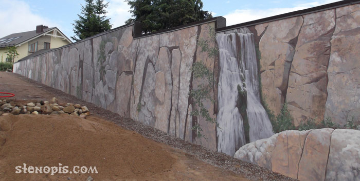 Художественная роспись стен. Камни, водопад и березы