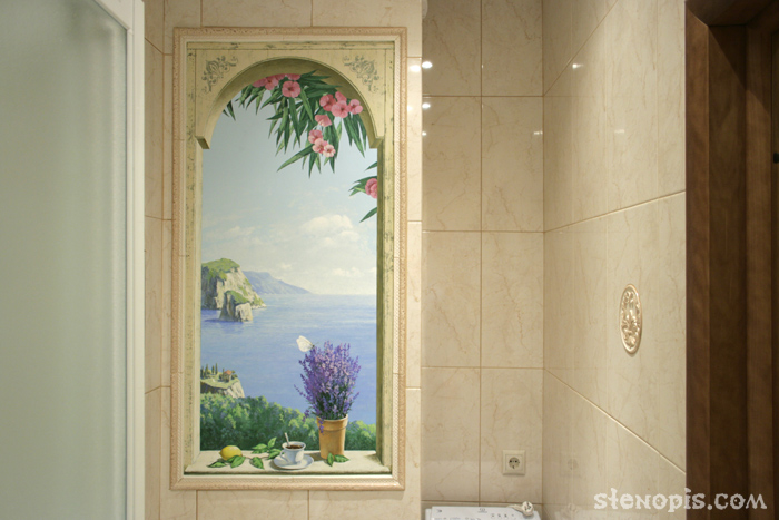 Общий вид росписи стены ванной комнаты в интерьере